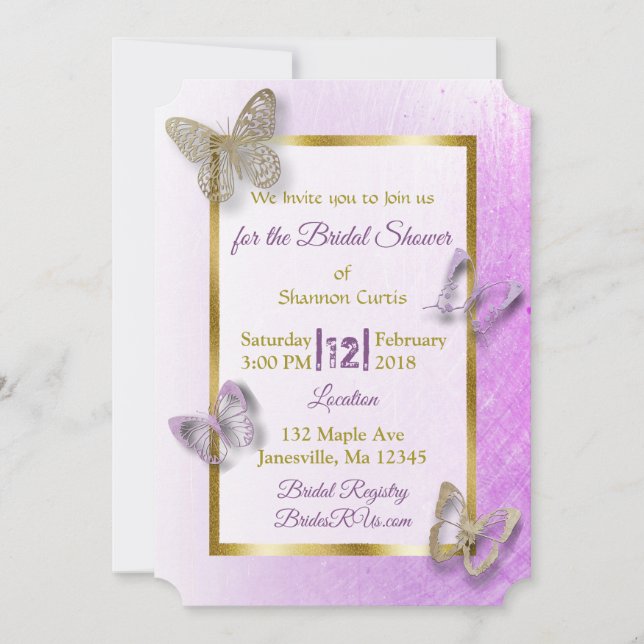 Faire-part de mariage papillon lavande et or (Devant)