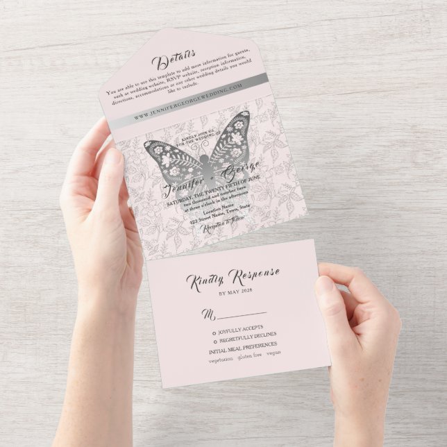 Faire-part de mariage Papillon Rose Fardé (Déchirure)