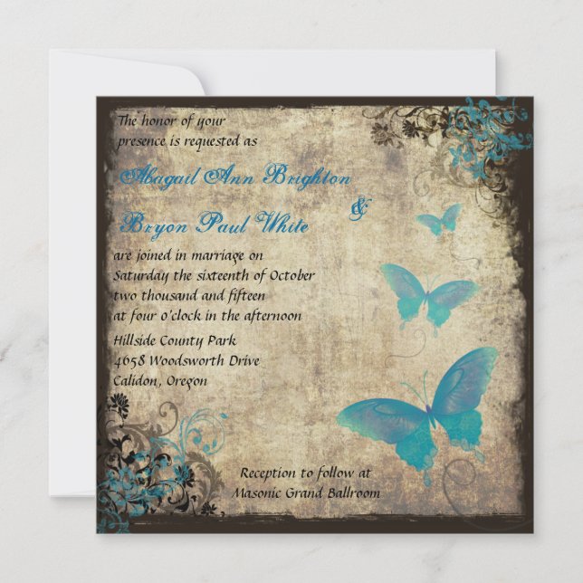 Faire-part de mariage papillon Vintage bleu (Devant)