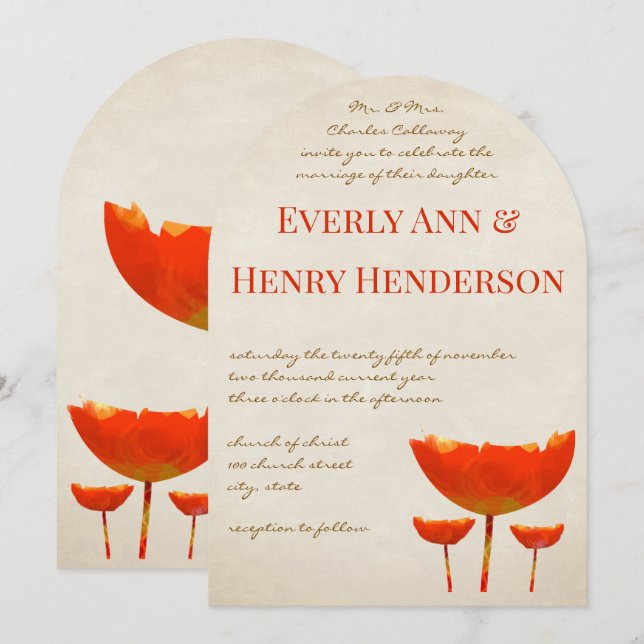 Faire-part de mariage papillons coquelicots orange (Devant / Derrière)