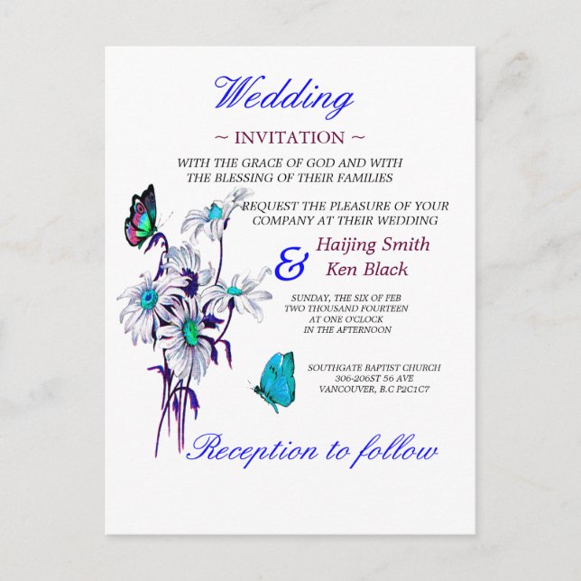 Faire-part de mariage Papillons et marguerites ble (Devant)