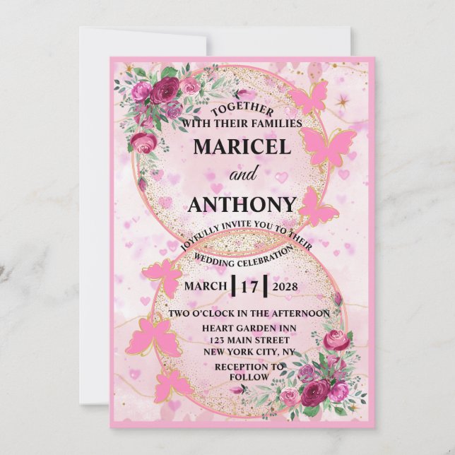 Faire-part de mariage Papillons roses (Devant)