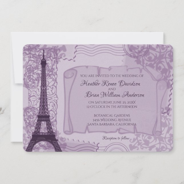 Faire-part de mariage parisienne violet (Devant)