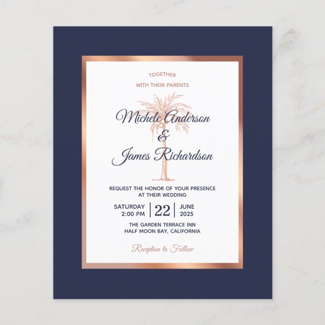 Faire-part de mariage pas cher Navy Rose Gold Palm (Devant)