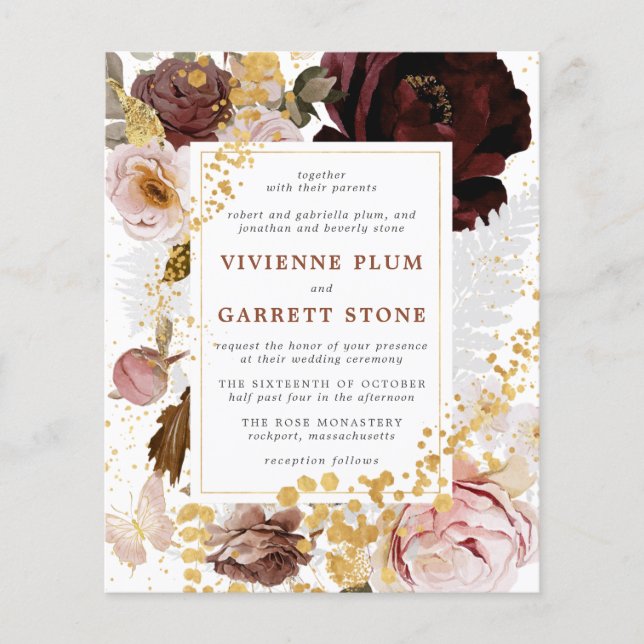 Faire-part de mariage pas cher or burgundy rose po (Devant)