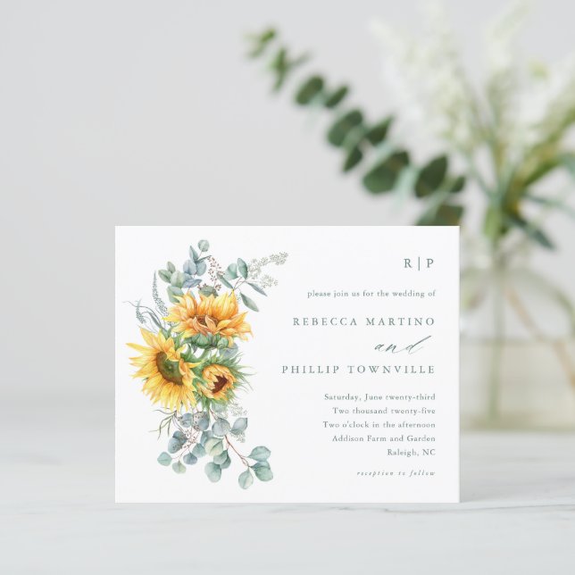 Faire-part de mariage pas cher tournesol eucalyptu (Debout devant)