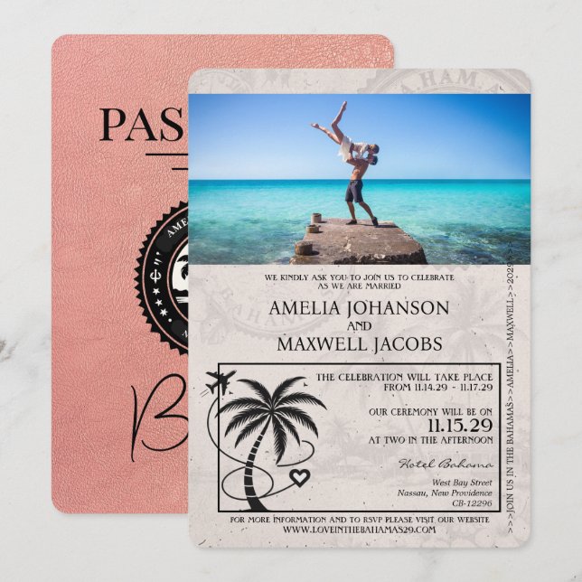 Faire-part de mariage Passport rose Gold Bahamas (Devant / Derrière)