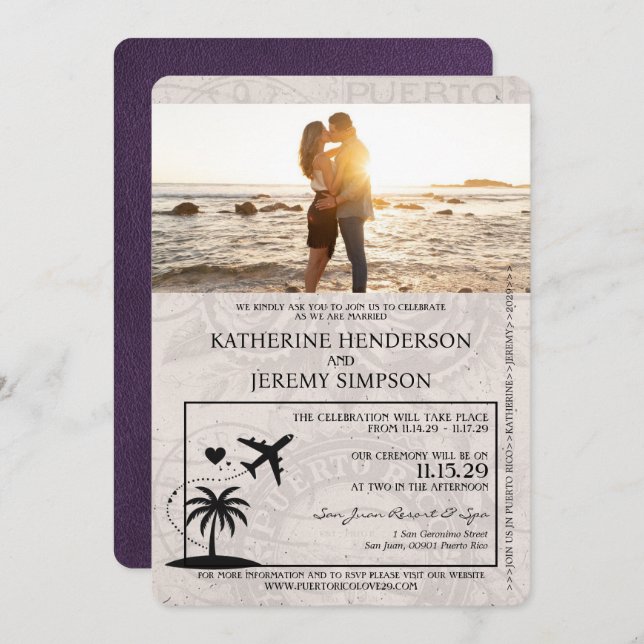 Faire-part de mariage Passport Violet Porto Rico (Devant / Derrière)