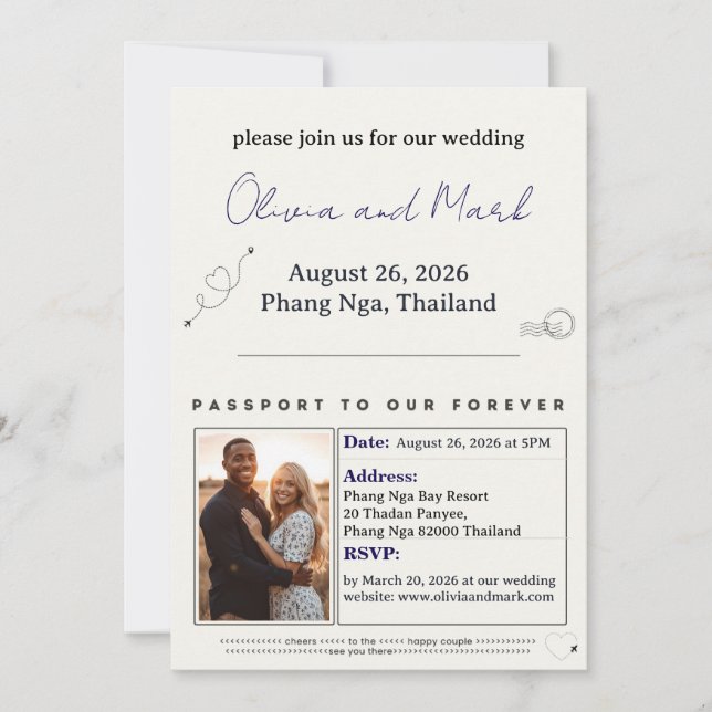 Faire-part de mariage Passport – Voyage Navy & Or (Devant)