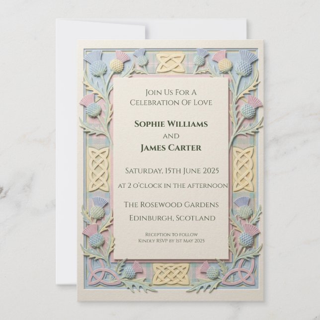 Faire-part de mariage Pastel 3D Celtic Thistle (Devant)