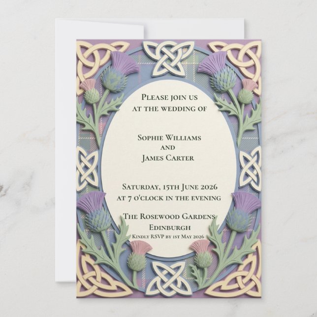 Faire-part de mariage Pastel Celtic Thistle Tartan (Devant)