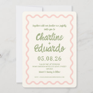 Faire-part de mariage pastel rose vert ondulé