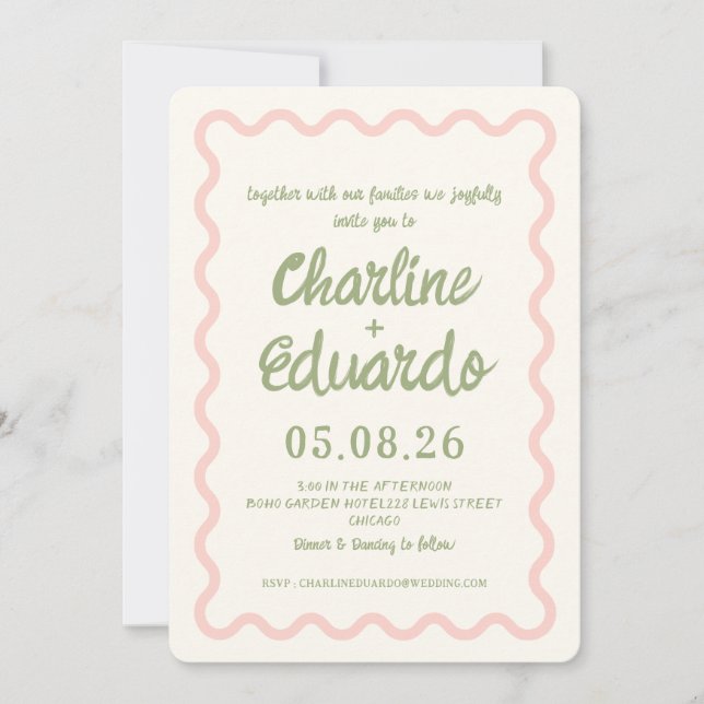 Faire-part de mariage pastel rose vert ondulé (Devant)