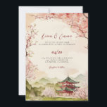 Faire-part de mariage Paysage Japonais<br><div class="desc">Ce faire-part de mariage présente un paysage japonais avec un cerisier en fleurs aux couleurs rose vif et vert. Idéal pour mariage japonais,  mariage japonais américain,  mariage asiatique ou mariage à thème japonais.</div>
