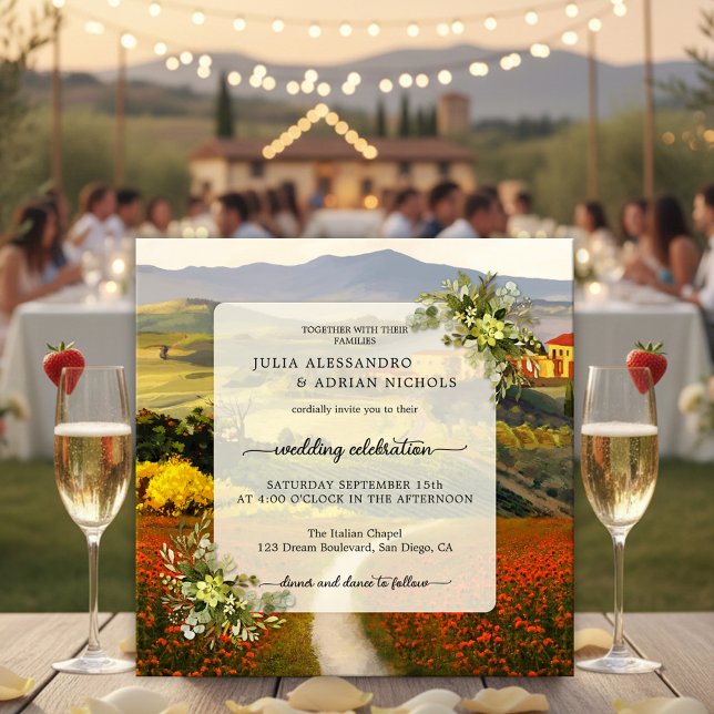 Faire-part de mariage Paysage toscan coloré (Italian wedding invitation featuring a fine art painting of an Italy inspired landscape scene)