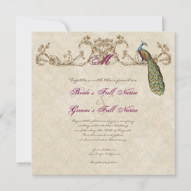 Faire-part de mariage Peacock & Etchs vintage (Devant)