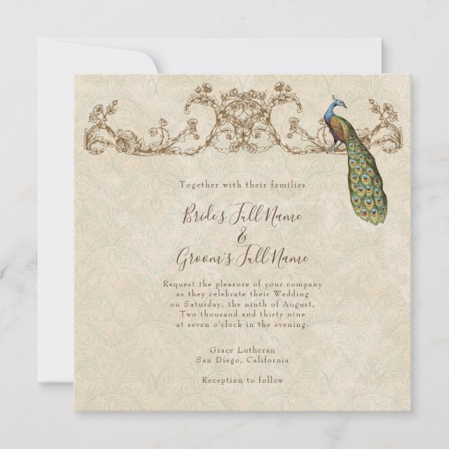Faire-part de mariage Peacock & Etchs vintage (Devant)