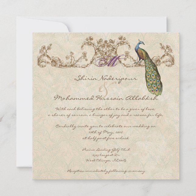 Faire-part de mariage Peacock & Etchs vintage (Devant)