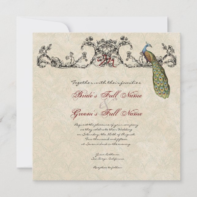 Faire-part de mariage Peacock & Etchs vintage (Devant)