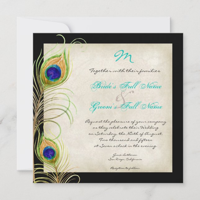 Faire-part de mariage Peacock Feathers (Devant)
