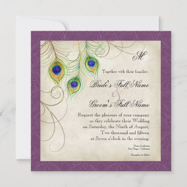 Faire-part de mariage Peacock Feathers (Devant)