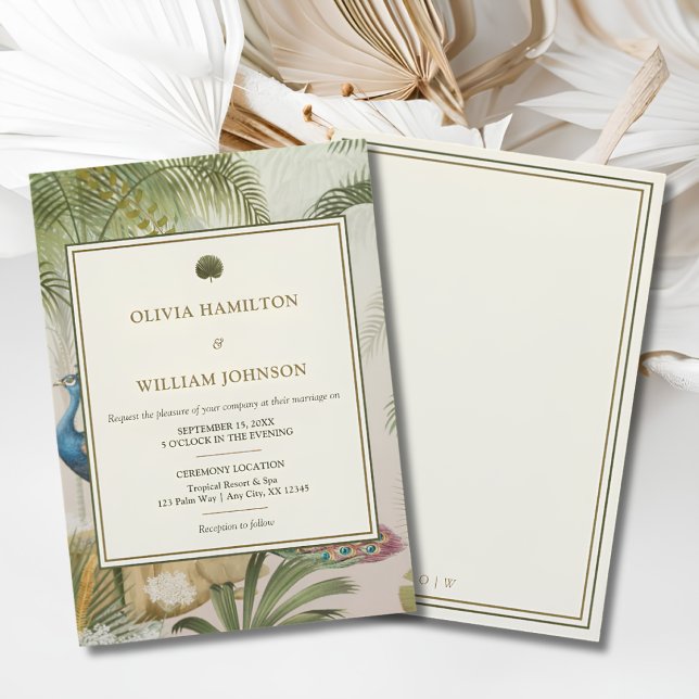 Faire-part de mariage Peacock Palm (Peacock Palm wedding invitation with an ivory double-border back and personalized initials)