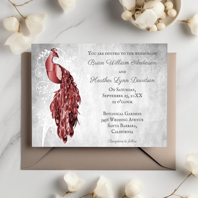 Faire-part de mariage Peacock rouge (Red Peacock Wedding Invitation)