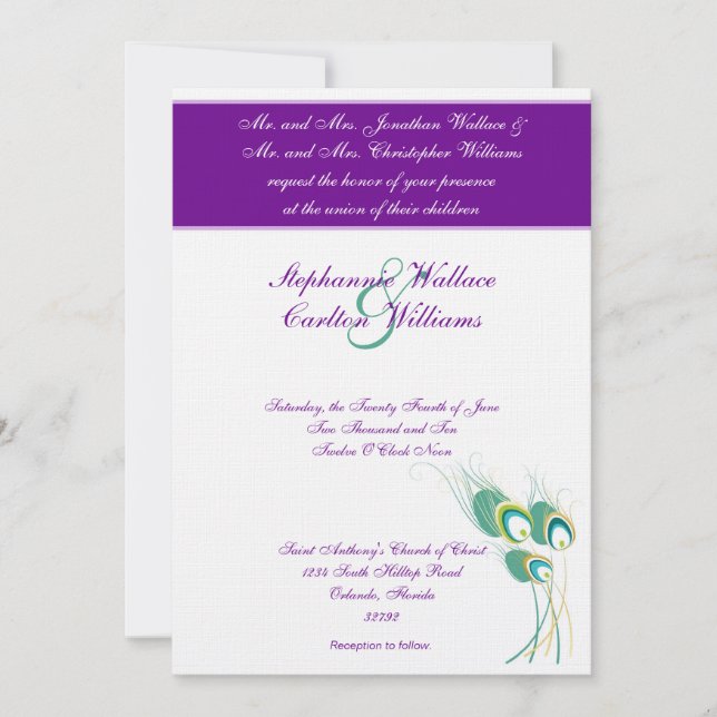 Faire-part de mariage Peacock violet moderne (Devant)