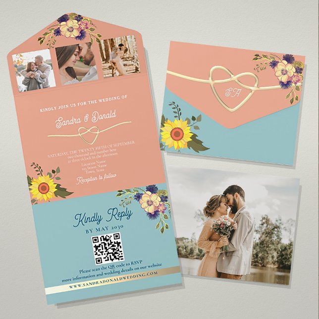 Faire-part de mariage Pêche et Bleu avec Tournesol (Créateur téléchargé)