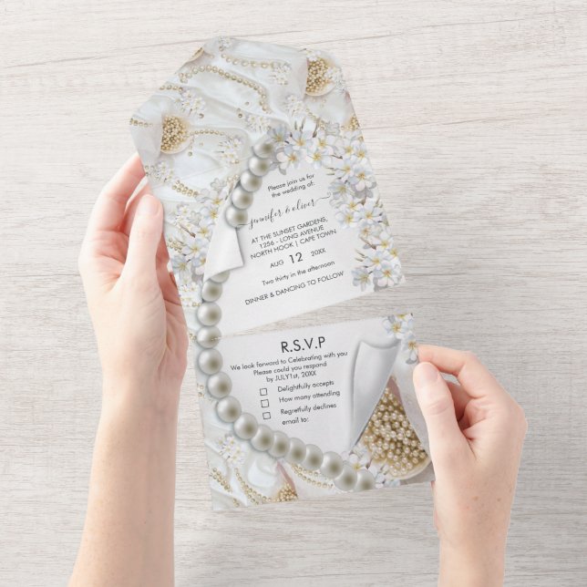 Faire-Part de Mariage Perles Ivoire-Vert-Or Tout e (Déchirure)