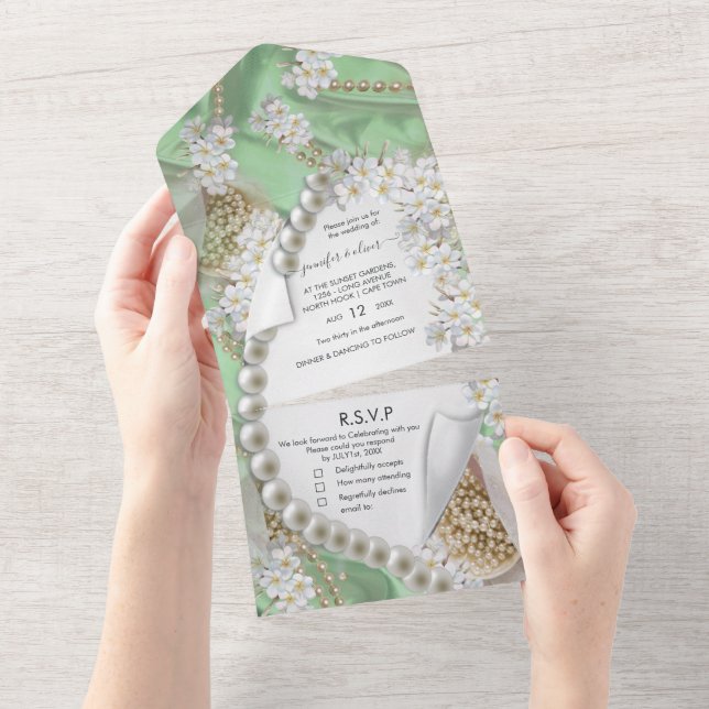 Faire-Part de Mariage Perles Ivoire-Vert-Or Tout e (Déchirure)