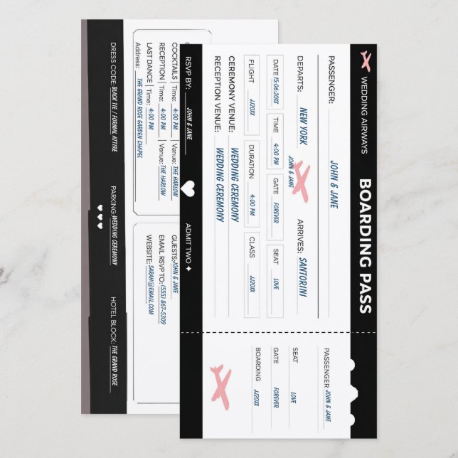 Faire-part de mariage personnalisable billet d'emb (Devant / Derrière)