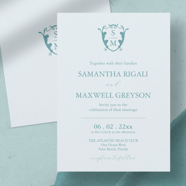 Faire-part de mariage personnalisable bleu pâle av ( wedding invitation blue minimalistic custom monogram crest Victoria Grigaliunas)