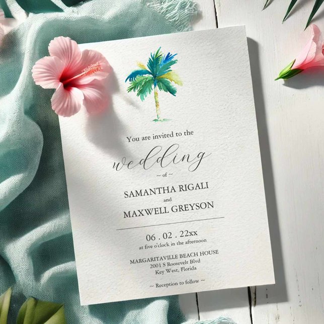 Faire-part de mariage personnalisé avec palmier à  (Beach weddings in Florida wedding invitations personalized with your info & original watercolor art)
