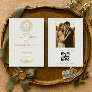 Faire-part de mariage photo à code QR floral vert 