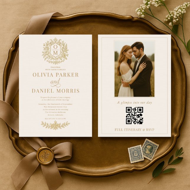 Faire-part de mariage photo à code QR floral vinta (Créateur téléchargé)
