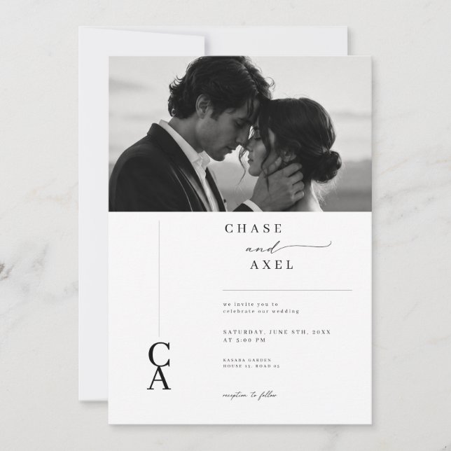 Faire-part de mariage photo à monogramme moderne. (Devant)