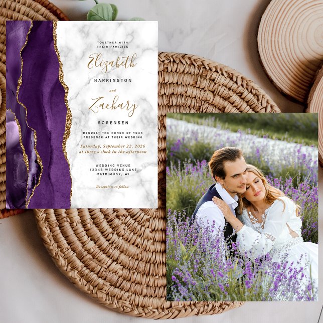 Faire-part de mariage photo Agate Gold Violet Budg (Créateur téléchargé)