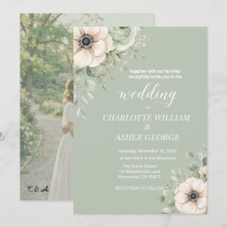 Faire-part de mariage photo Anémone florale vert s