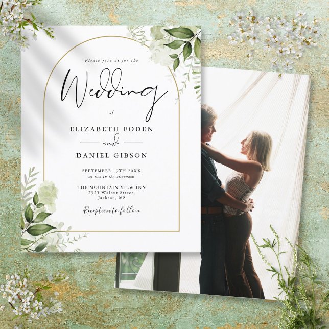Faire-part de mariage photo arche dorée végétation (Budget Greenery Gold Arch Photo Wedding Invitation)