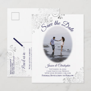 Faire-part de mariage photo argent et marine sur f