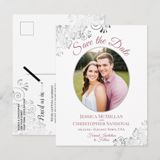 Faire-part de mariage photo argent et rose poudrée (Devant / Derrière)