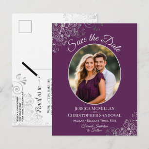 Faire-part de mariage photo argent sur fond violet