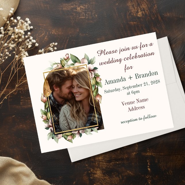 Faire-part de mariage photo avec arche florale Boh (Elegant Boho Floral Arch Photo Wedding Invitations)