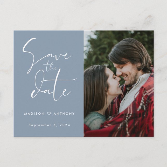 Faire-part de mariage photo avec calligraphie bleu (Devant)