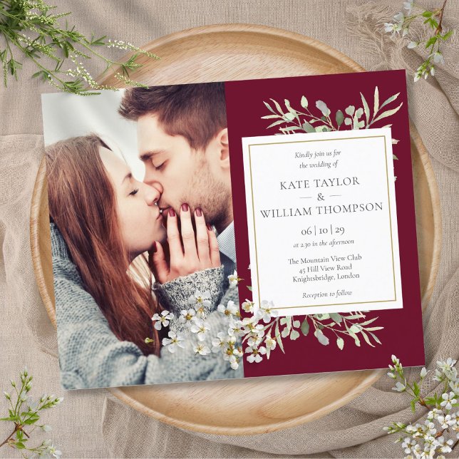 Faire-part de mariage photo avec feuillage de Bour (Budget Burgundy Foliage Photo Wedding Invitation)