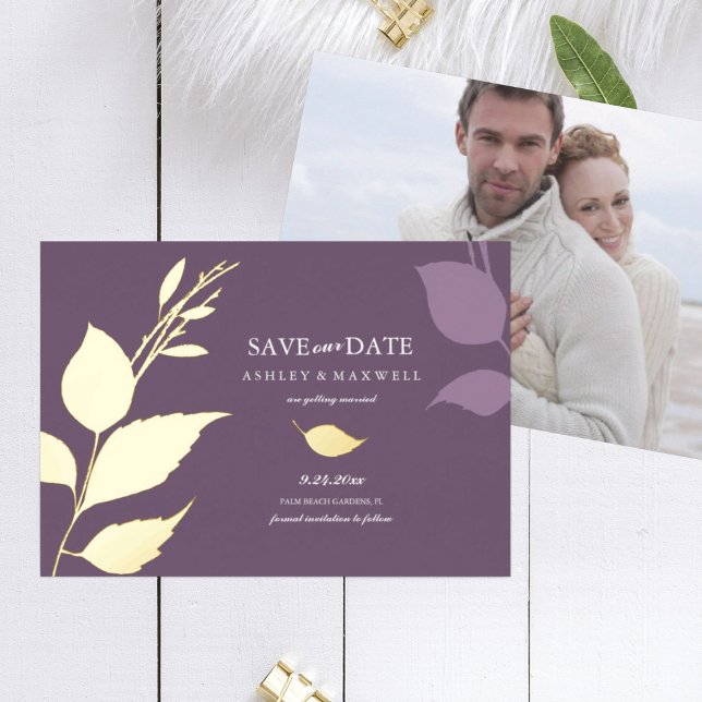 Faire-part de mariage photo avec feuille d'or viol (save the date card wedding stationery purple photo)