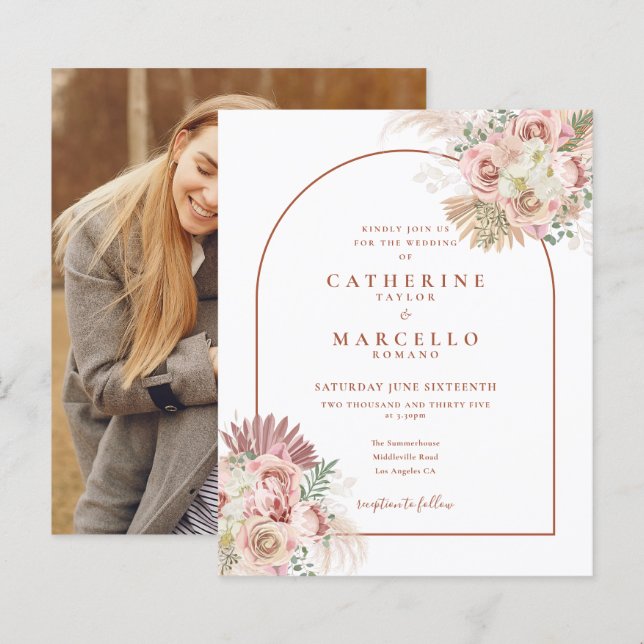 Faire-part de mariage photo avec herbe des Pampas  (Devant / Derrière)