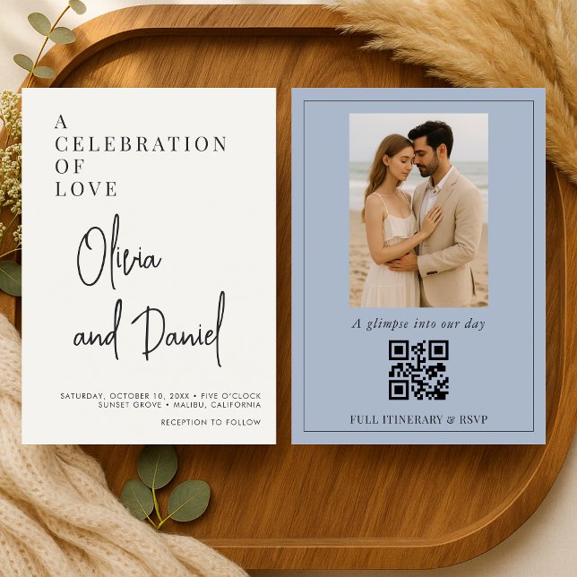 Faire-part de mariage photo avec QR Code Dusty Blu (Créateur téléchargé)