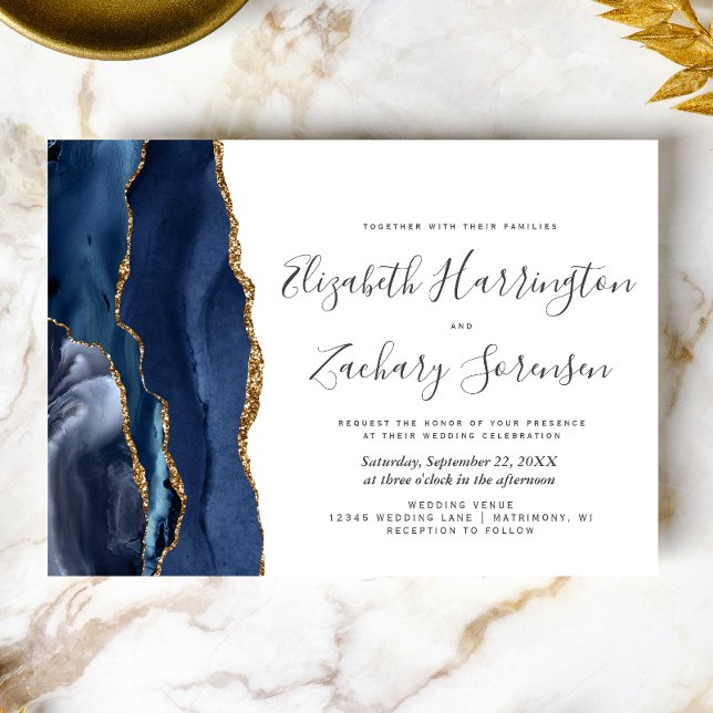 Faire-part de mariage photo bleu marine agate or (Créateur téléchargé)